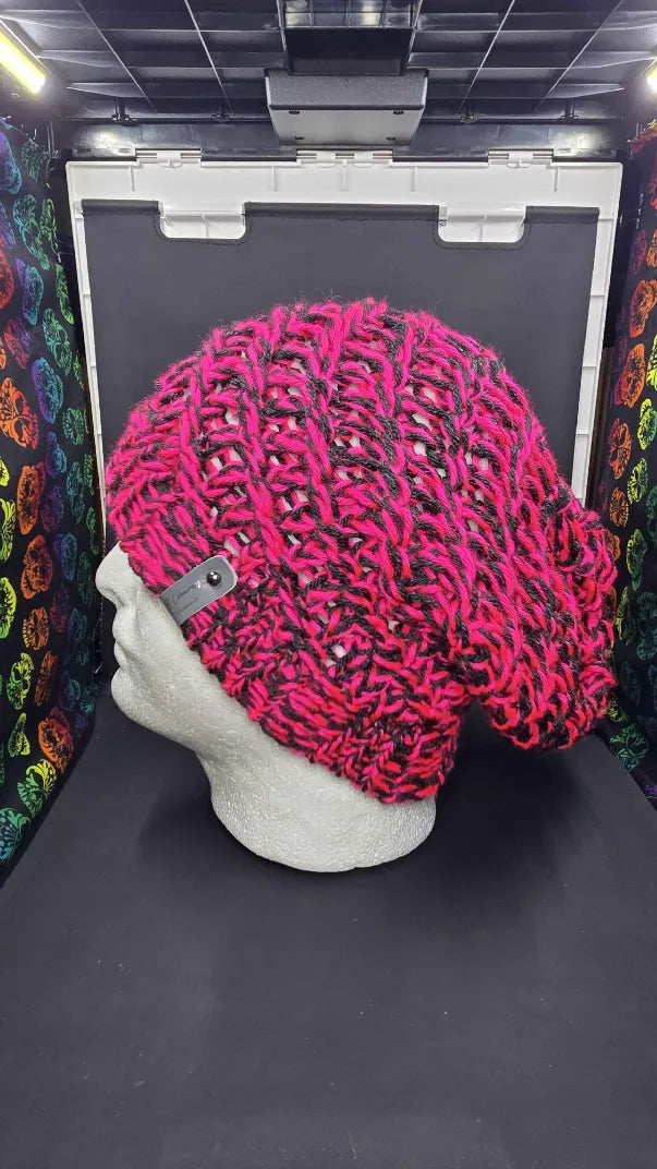 Neon Pink & Dark Grey - Spiral Slouchy - Adult / Teen Knitted Hat