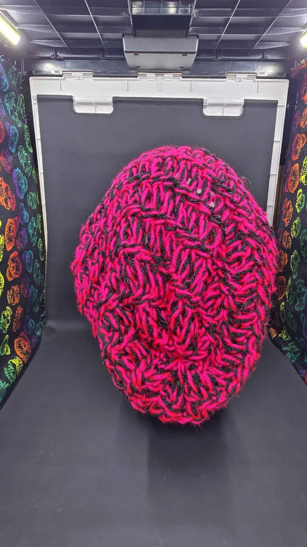 Neon Pink & Dark Grey - Spiral Slouchy - Adult / Teen Knitted Hat