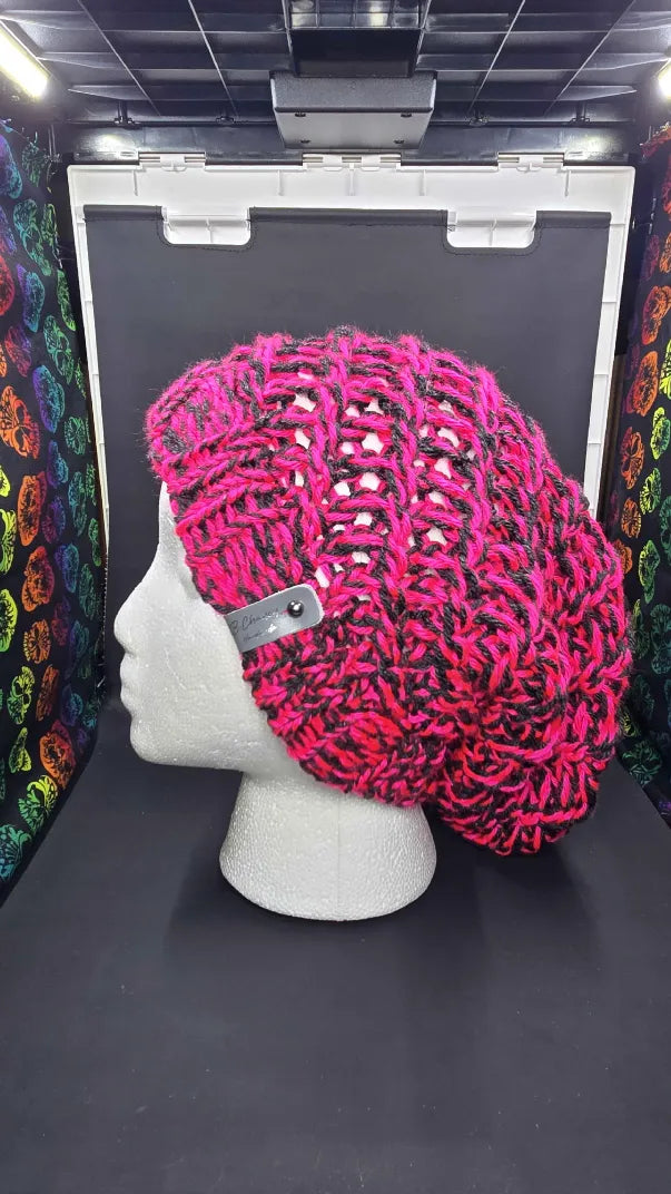 Neon Pink & Dark Grey - Spiral Slouchy - Adult / Teen Knitted Hat