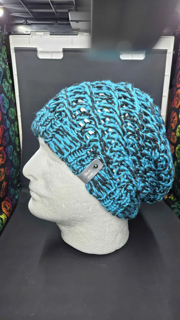 Blue Mint & Dark Grey - Spiral Slouchy - Adult / Teen Knitted Hat