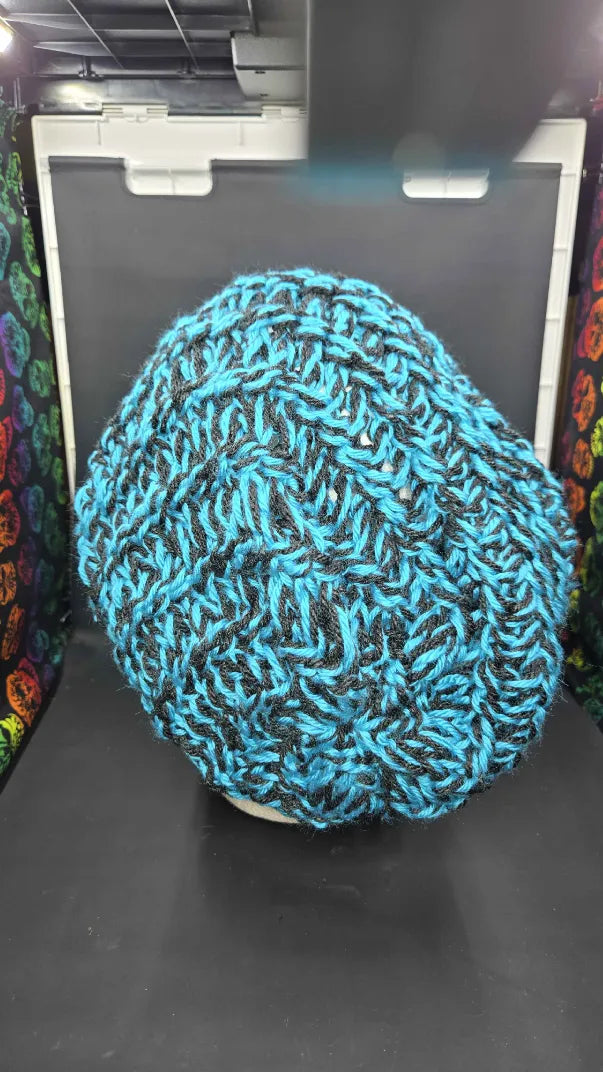 Blue Mint & Dark Grey - Spiral Slouchy - Adult / Teen Knitted Hat