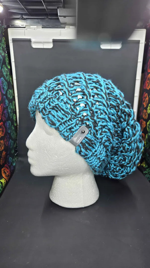 Blue Mint & Dark Grey - Spiral Slouchy - Adult / Teen Knitted Hat
