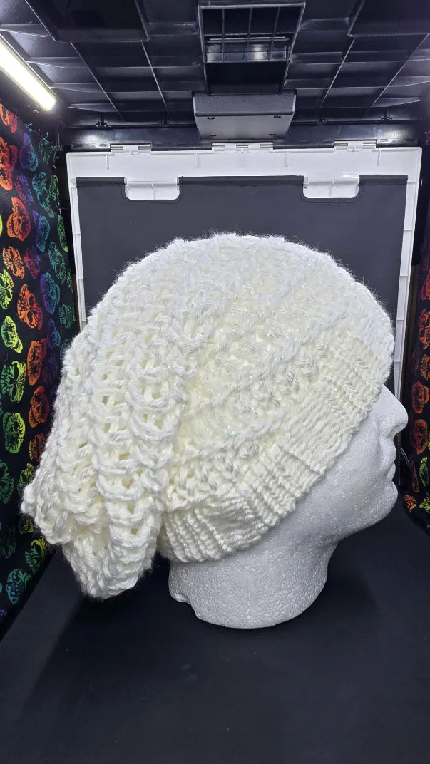 White Snow Sparkle - Spiral Slouchy - Adult / Teen Knitted Hat (Copy)
