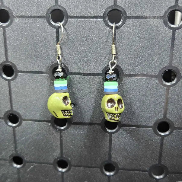 Olive Green Skull Cool Stack - Earrings - (.925 Sterling Silver Hooks)