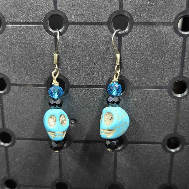 Turquoise Black & Blue Skull - Earrings - (.925 Sterling Silver Hooks)