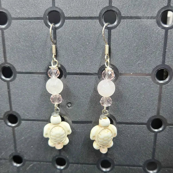 Rose Quartz & White Turtle - Earrings - (.925 Sterling Silver Hooks)