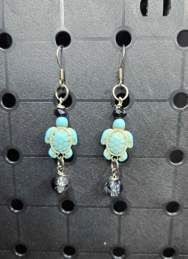 Turquoise Turtle & Black Crackle - Earrings - (.925 Sterling Silver Hooks)