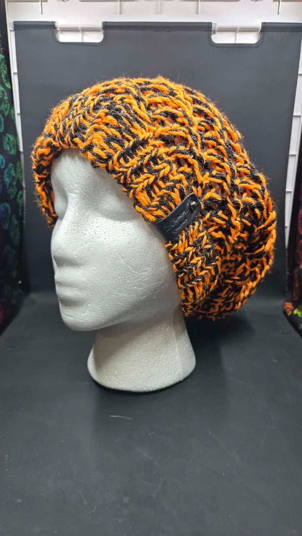 Neon Orange & Dark Grey - Spiral Slouchy - Adult / Teen Knitted Hat
