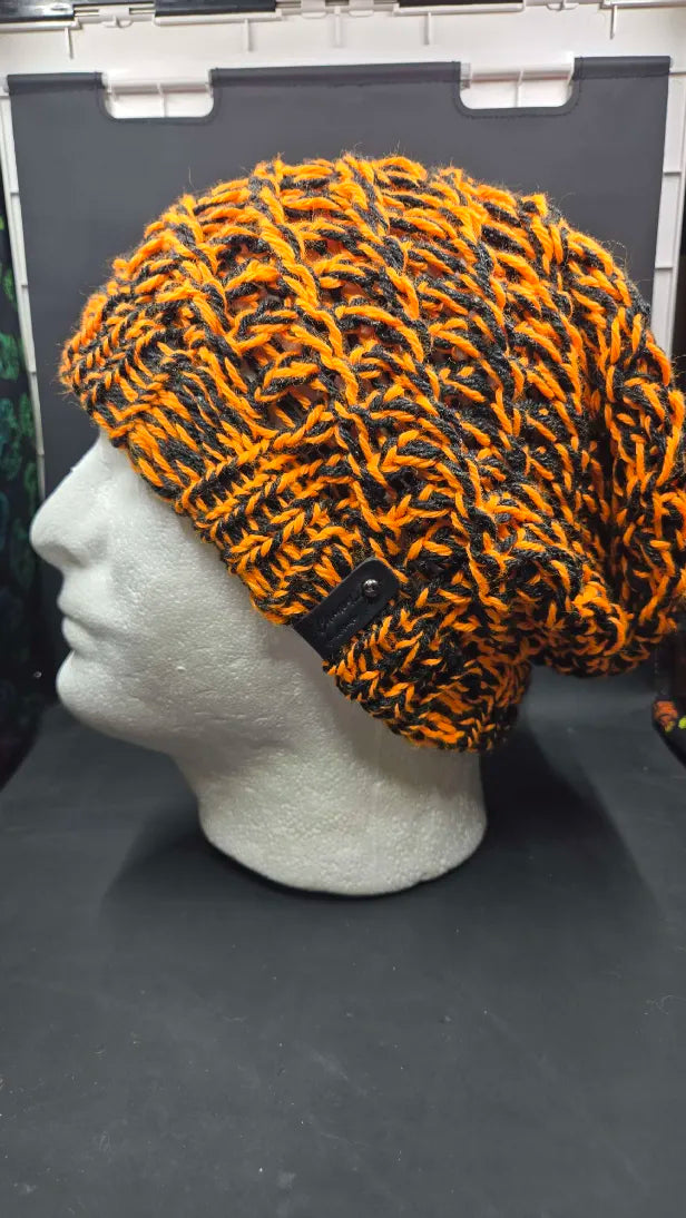 Neon Orange & Dark Grey - Spiral Slouchy - Adult / Teen Knitted Hat