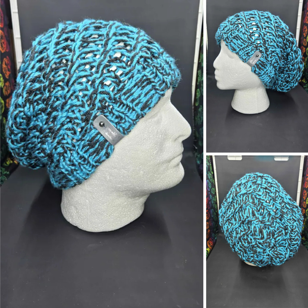 Blue Mint & Dark Grey - Spiral Slouchy - Adult / Teen Knitted Hat