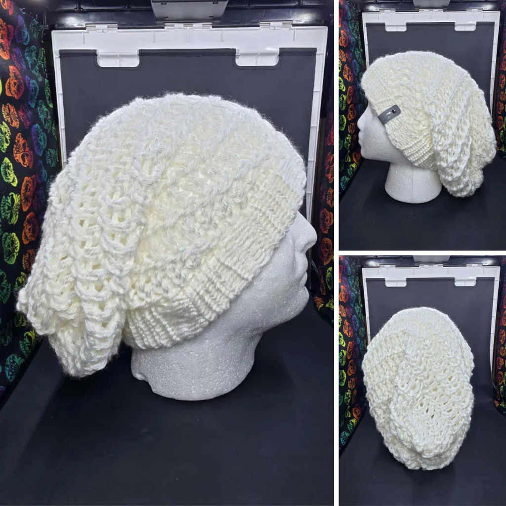White Snow Sparkle - Spiral Slouchy - Adult / Teen Knitted Hat (Copy)