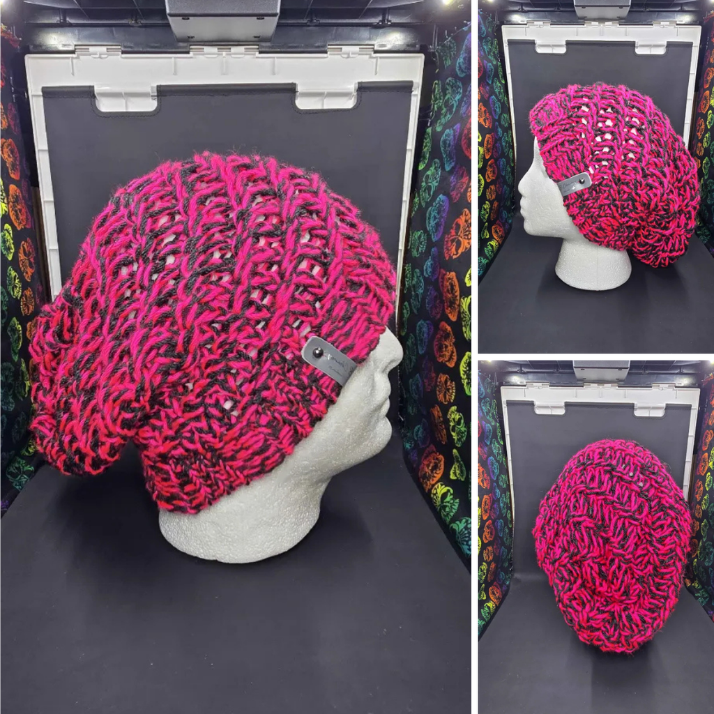 Neon Pink & Dark Grey - Spiral Slouchy - Adult / Teen Knitted Hat