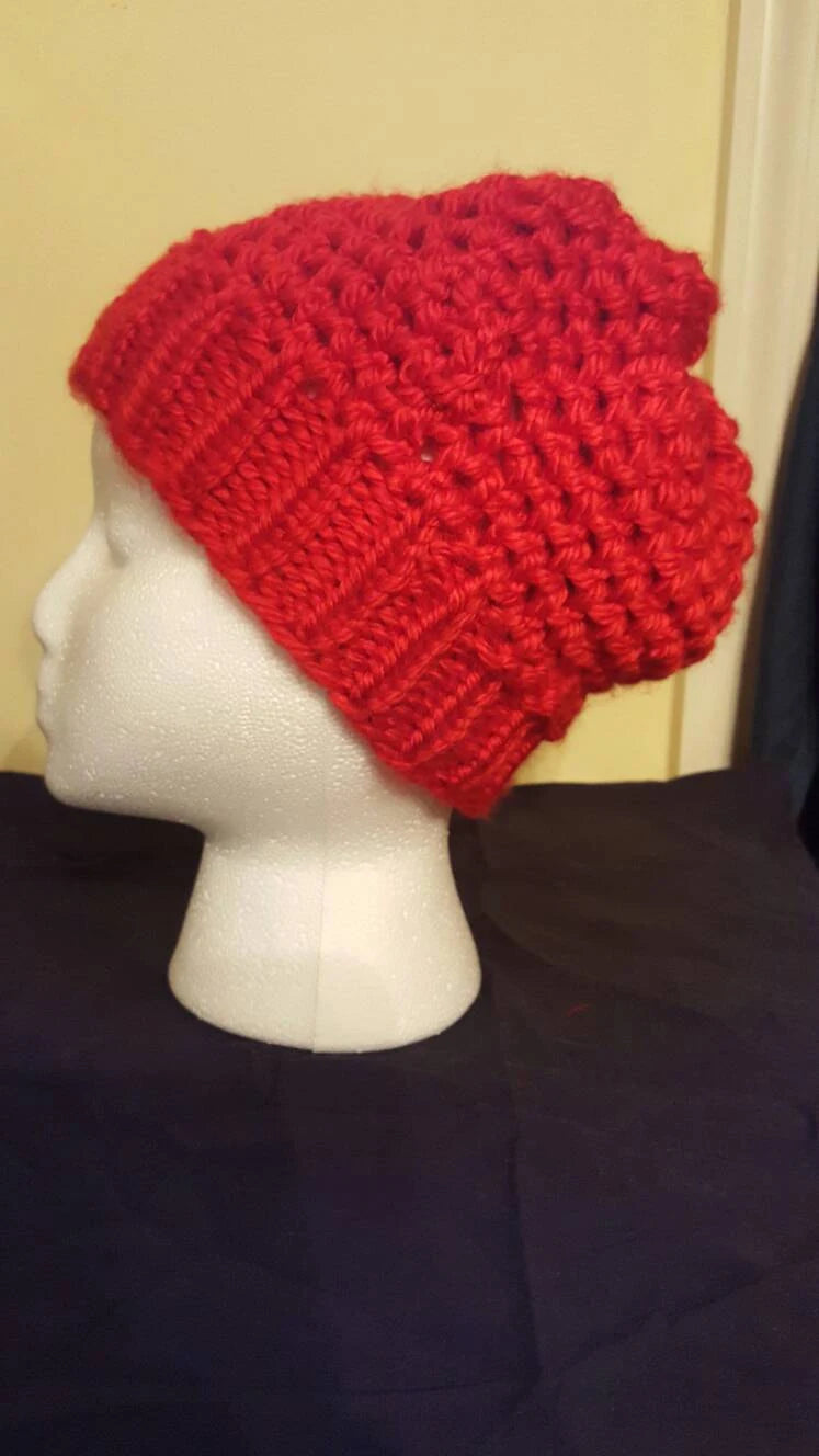 Red mock crochet knit adult/teen hat