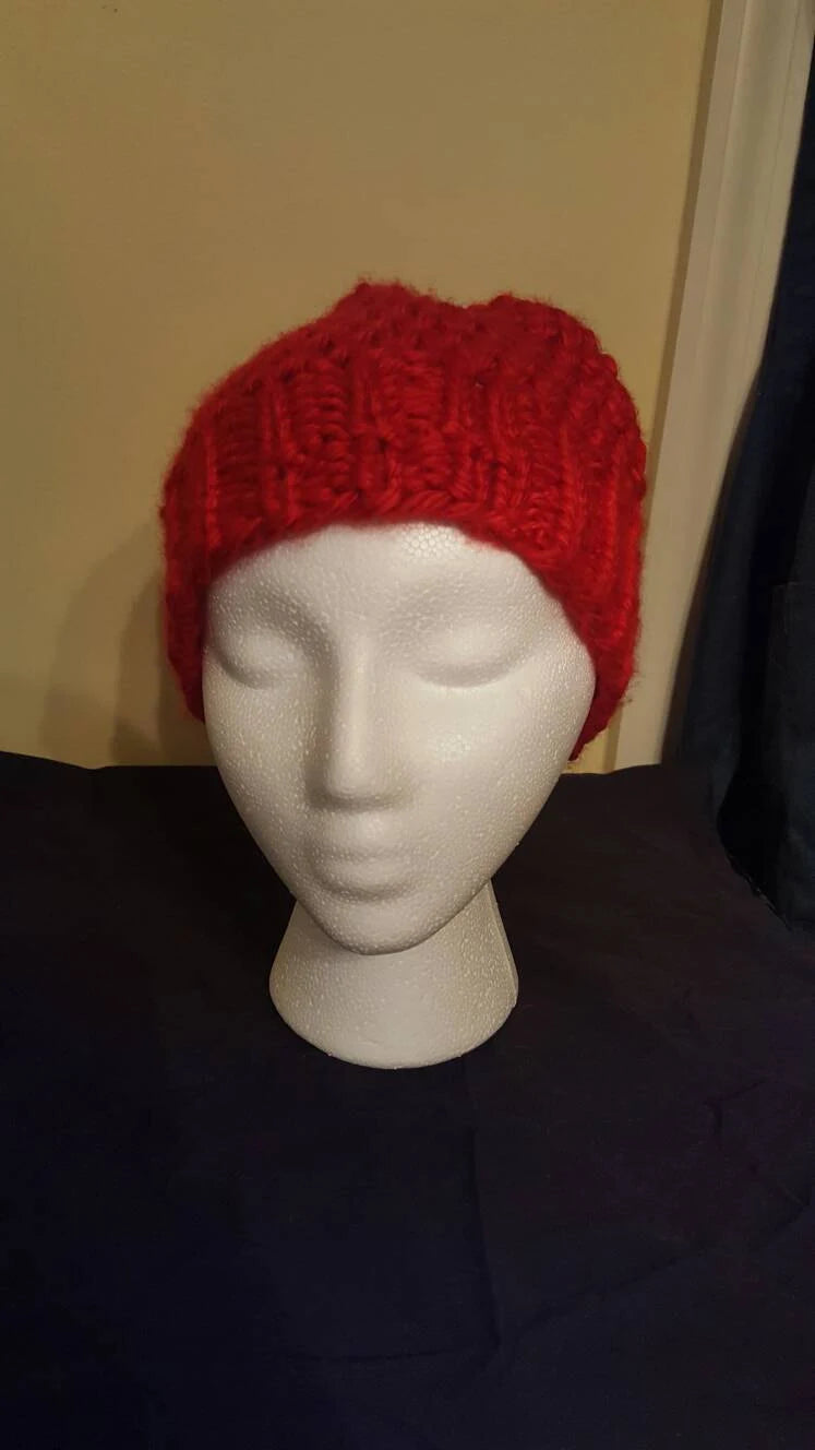 Red mock crochet knit adult/teen hat