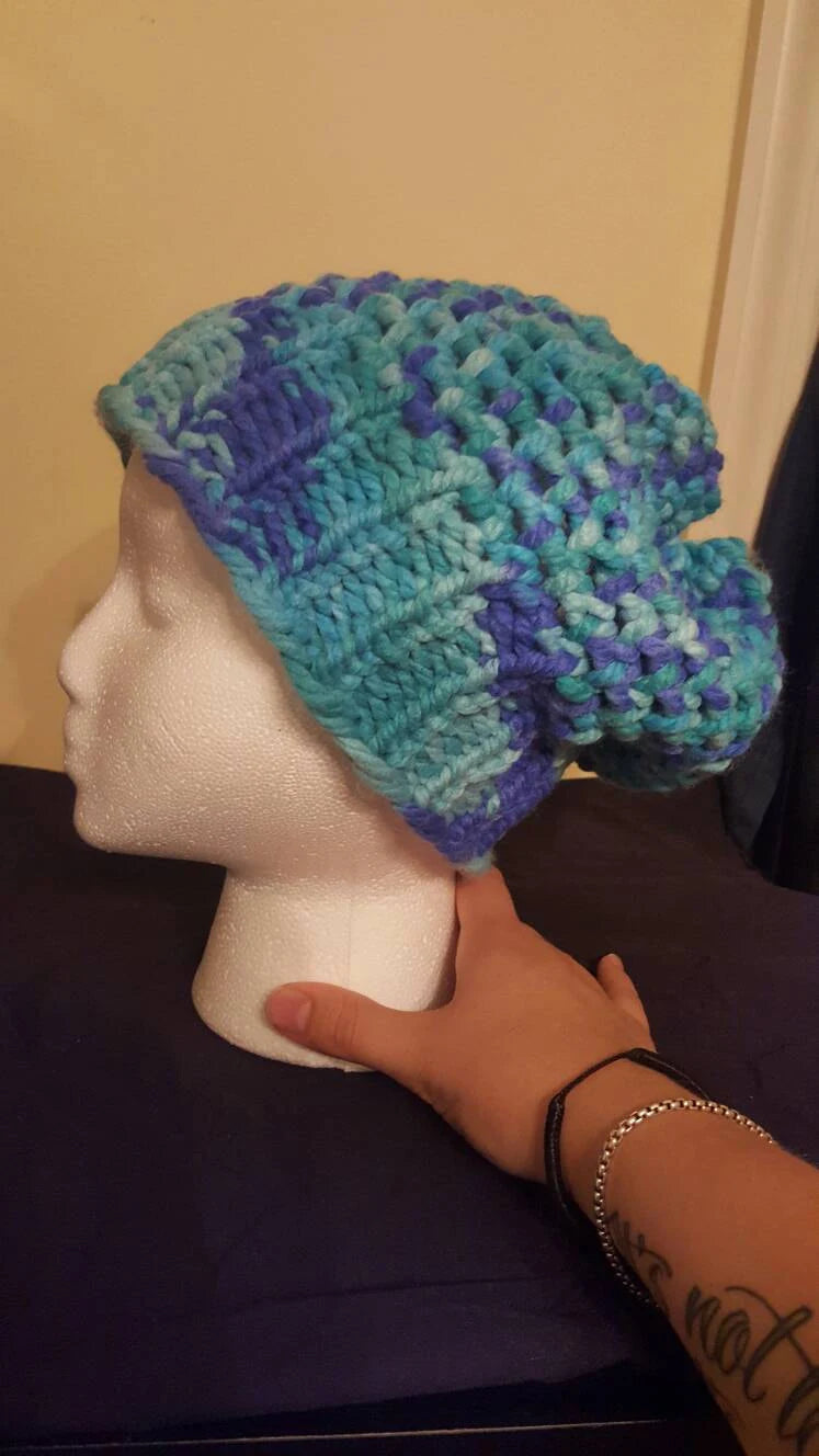 Tricolor green mock crochet knit adult/teen hat