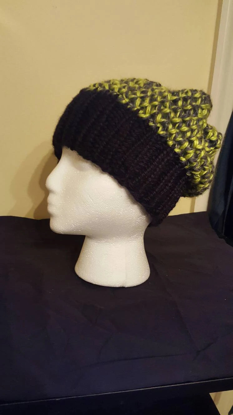 Multicolored black, grey and green mock crochet knit adult/teen hat