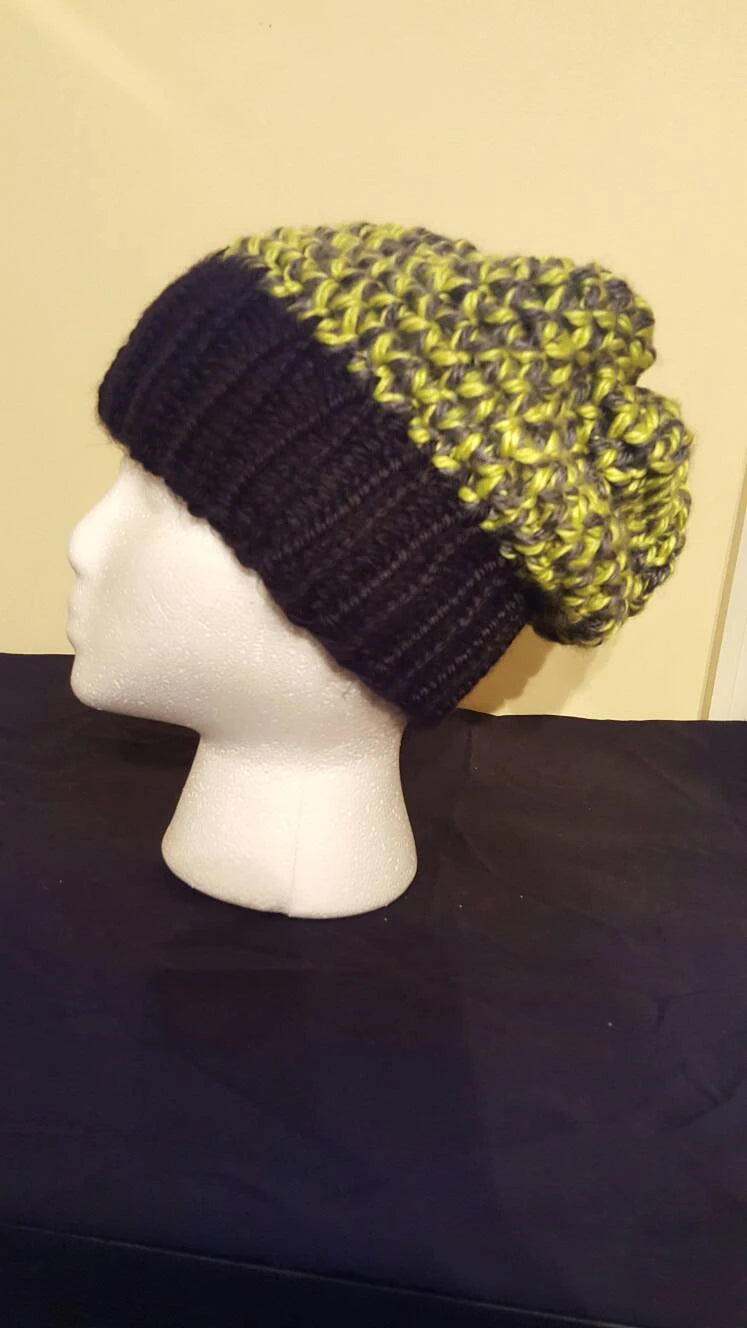 Multicolored black, grey and green mock crochet knit adult/teen hat