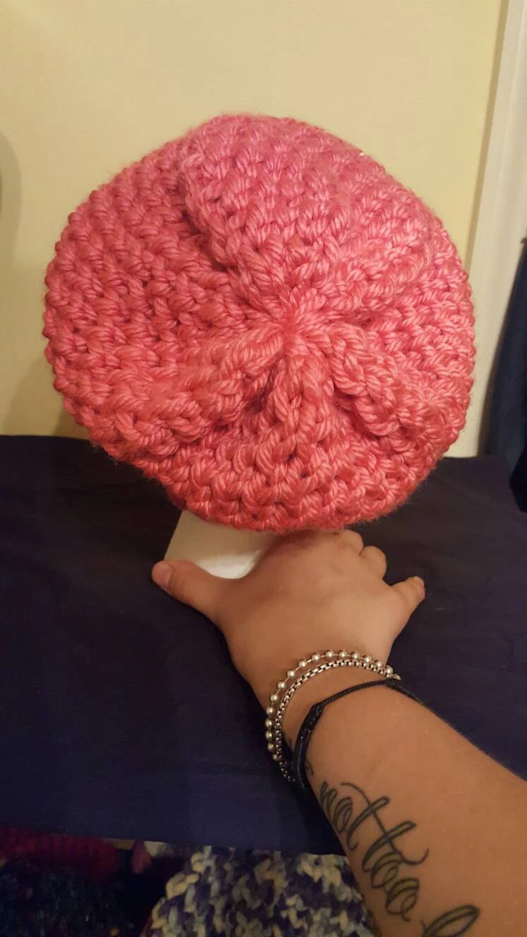 Two tone pink mock crochet knit adult/teen hat
