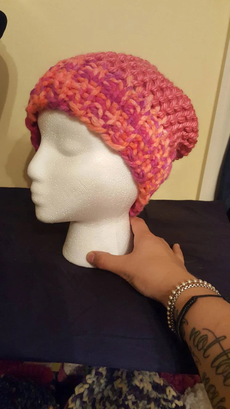 Two tone pink mock crochet knit adult/teen hat