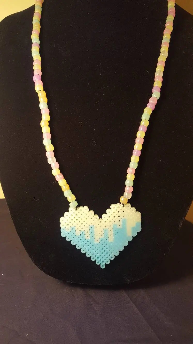 Melting Heart Perler - Rainbow Glow In the Dark - Beaded Necklace