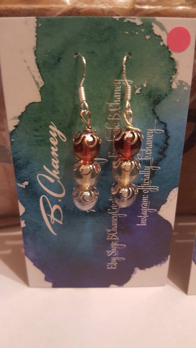 Red White Blue - Sterling Silver & Stainless Steel - Flower Bead Caps - Round - Long - Earrings