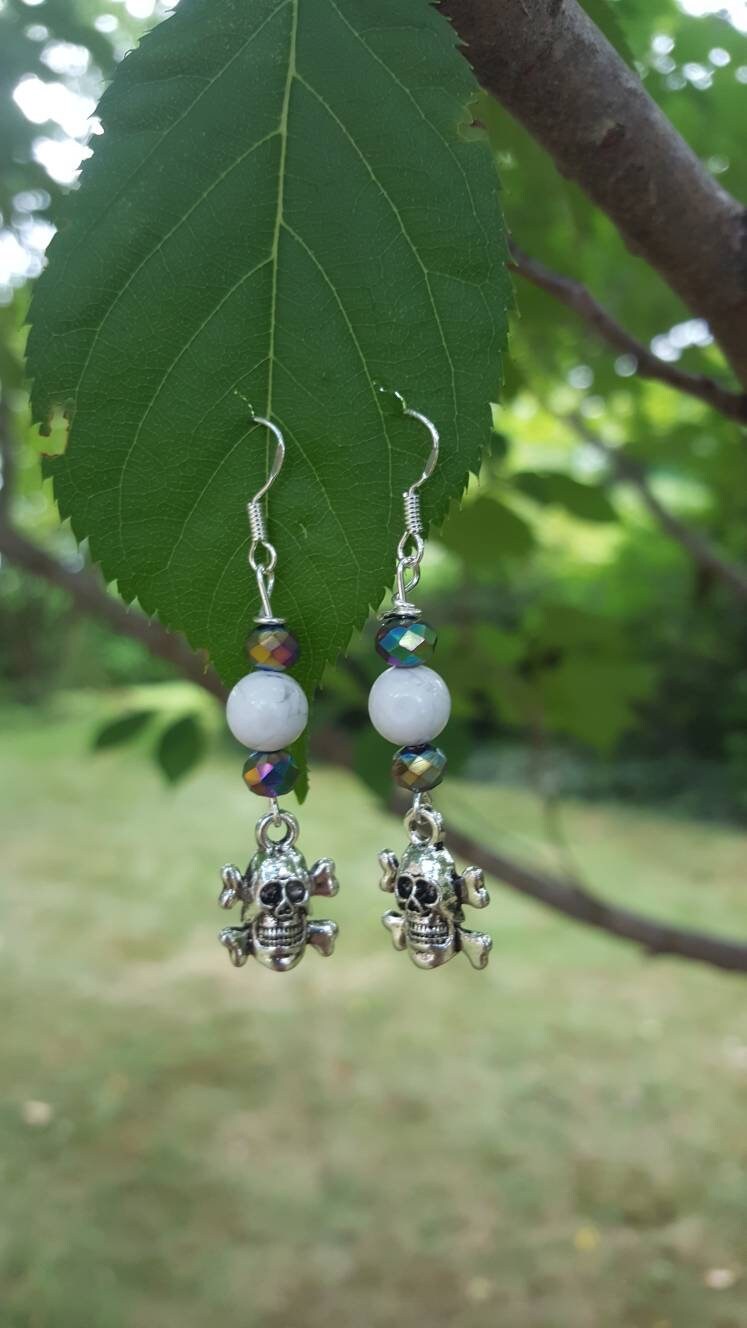 White Marble Skull -Earrings - Charms - Metal Crystal Round Short ( .925 SS hooks)