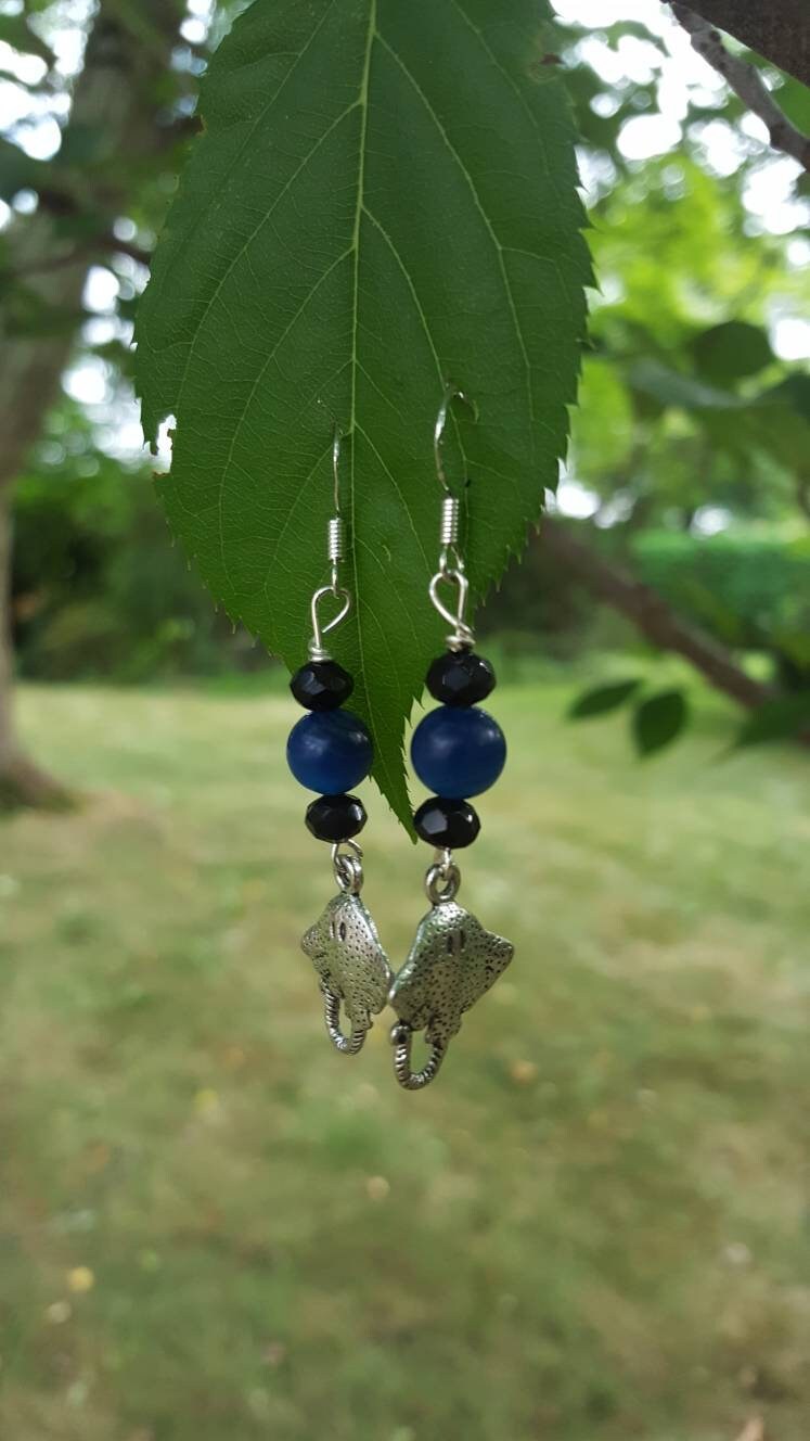 Blue Sting Ray - Earrings - Charms - Metal Crystal Round Short ( .925 SS hooks)