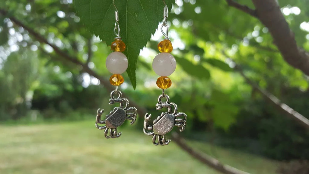 Rose Quartz Crab - Earrings - Charms - Metal Crystal Round Short (.925 SS hooks)