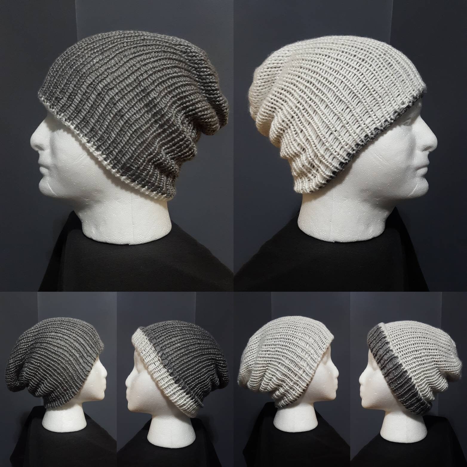 Grey Heather & White - Reversible Beanie - Adult / Teen Knitted Hat