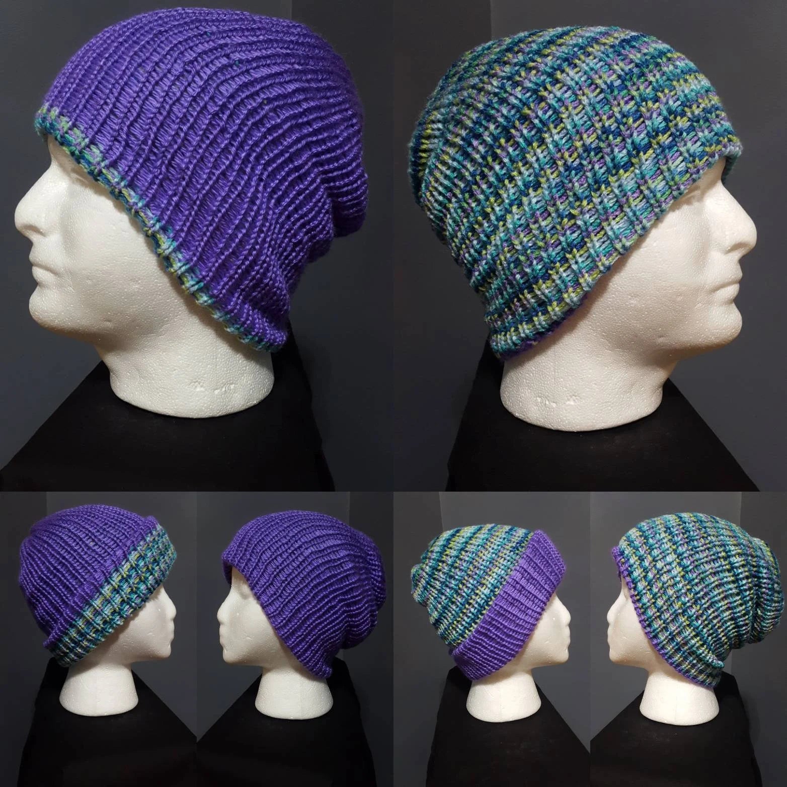 Grape Wildflower - Reversible Slouchy Beanie - Adult / Teen Knitted Hat