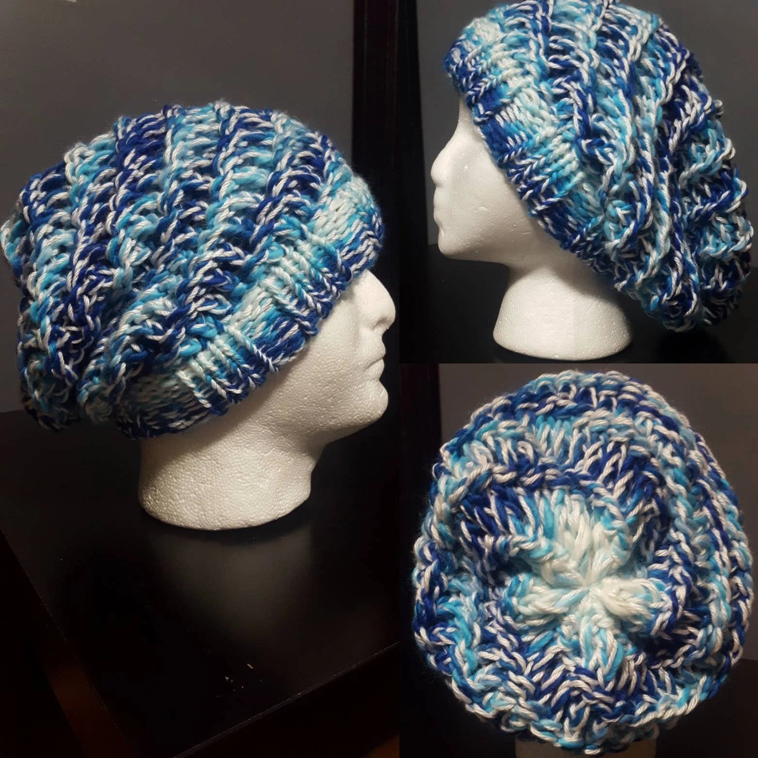 Blue Agate & White - Spiral Slouchy - Adult / Teen Knitted Hat