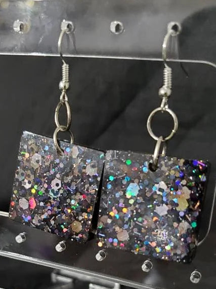 Black Glitter Vomit - Square - Resin Earrings