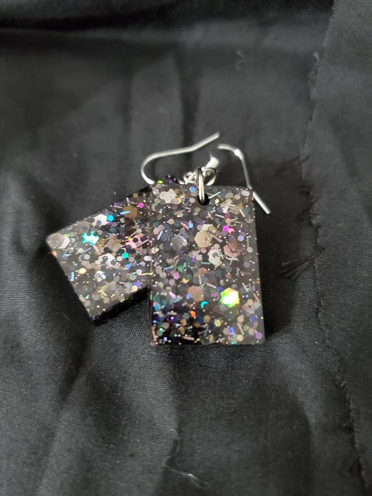Black Glitter Vomit - Rectangle - Resin Earrings