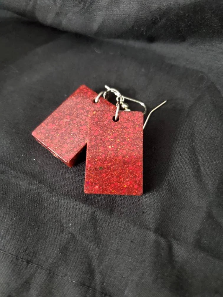 Red Glitter Vomit - Rectangle - Resin Earrings