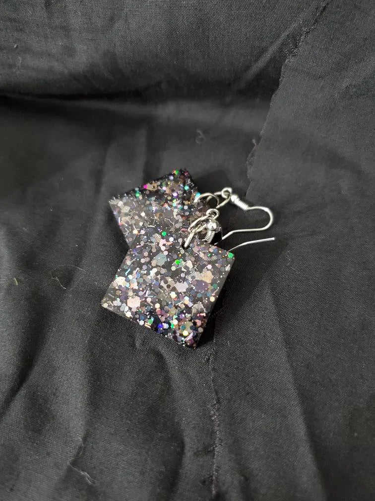 Black Glitter Vomit - Square - Resin Earrings