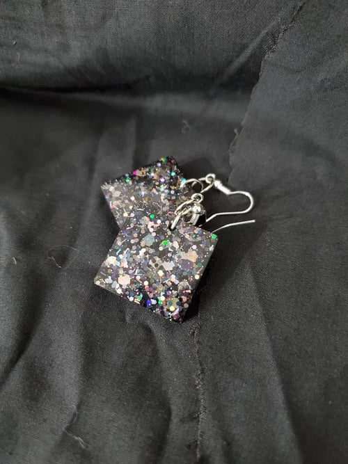 Black Glitter Vomit - Square - Resin Earrings