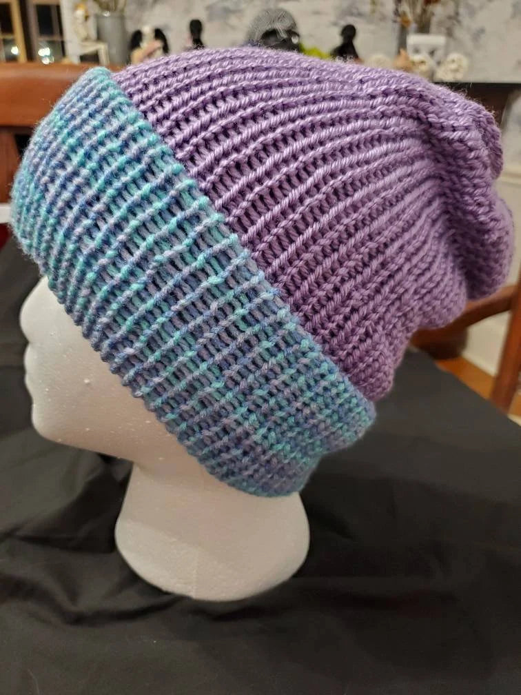 Ocean Lilac - Double Wall Beanie with brim - Adult / Teen Knitted Hat