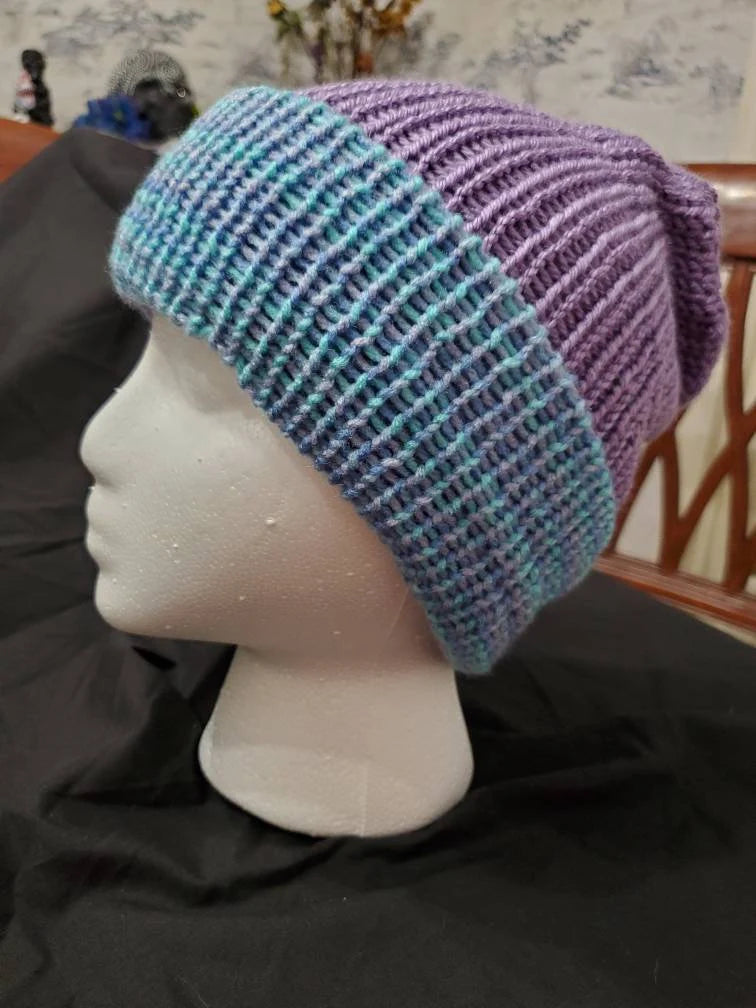 Ocean Lilac - Double Wall Beanie with brim - Adult / Teen Knitted Hat