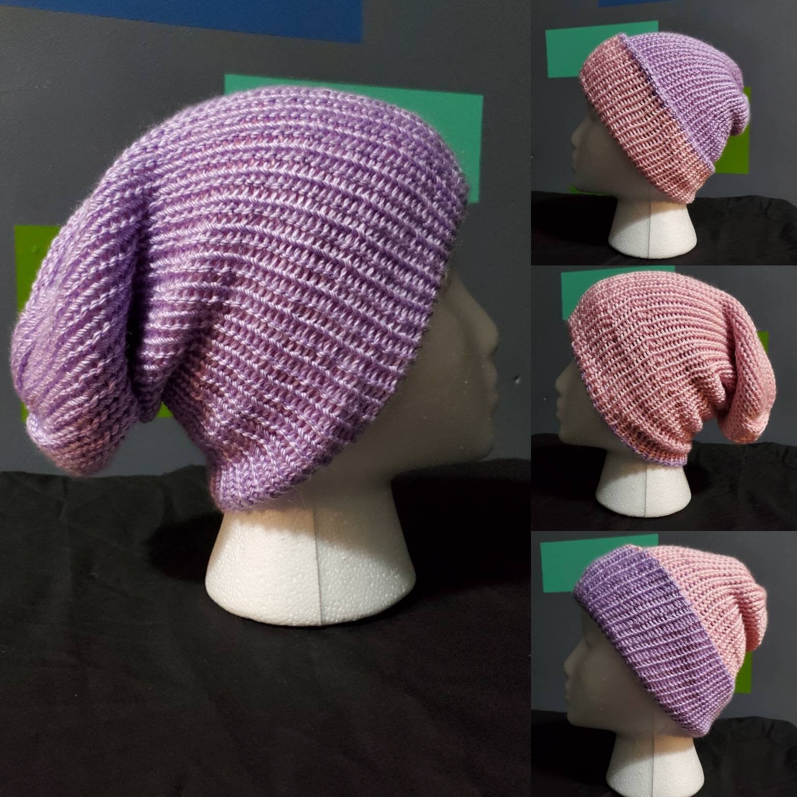 Soft Pink & Purple - Reversible - Slouchy Double Wall Beanie - Adult / Teen Knitted Hat