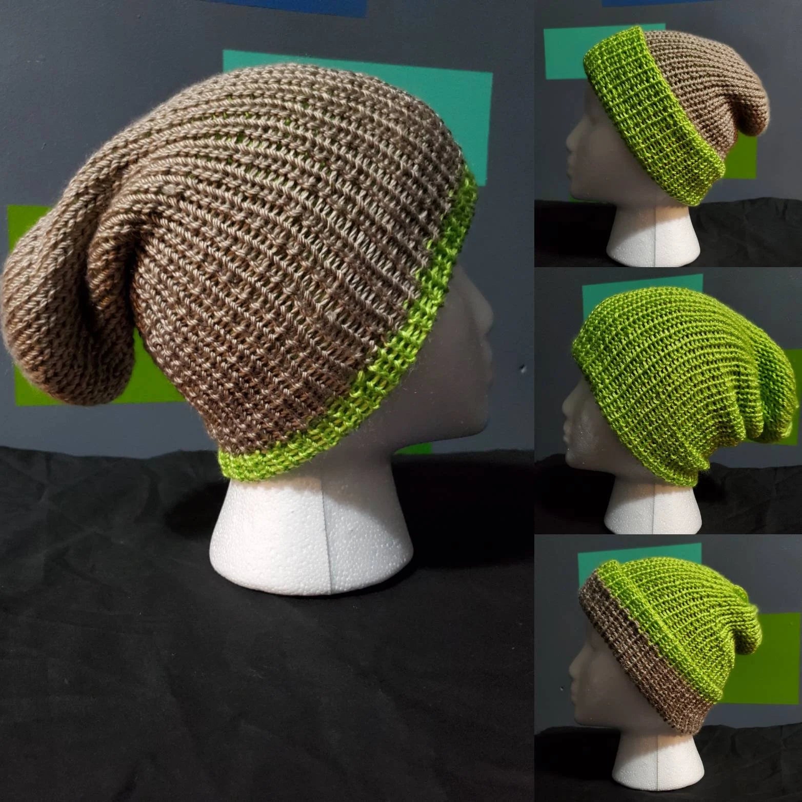 Cappuccino & Citrus  - Reversible - Slouchy Double Wall Beanie - Adult / Teen Knitted Hat