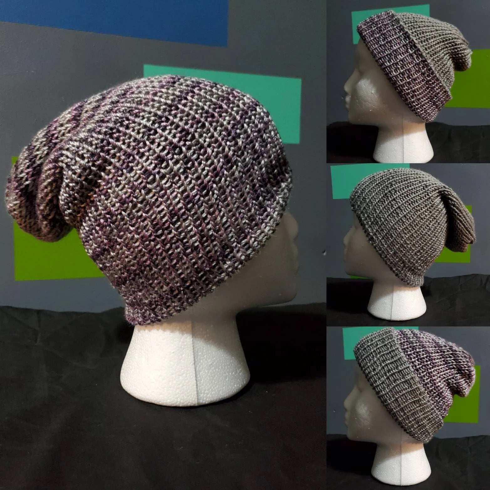 Purple Ombre & Grey Heather - Reversible - Slouchy Double Wall Beanie - Adult / Teen Knitted Hat