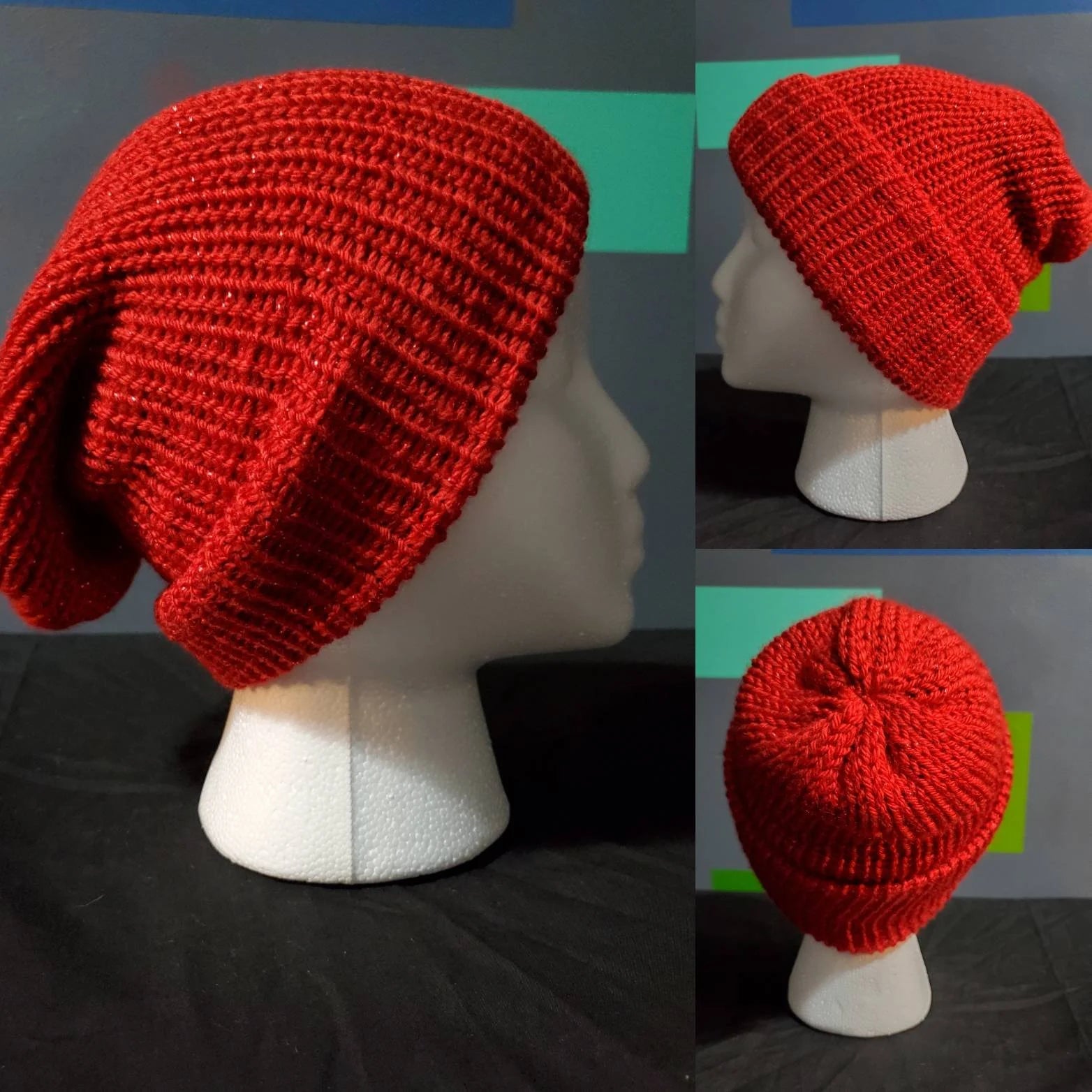 Red Sparkle - Slouchy Double Wall Beanie - Adult / Teen Knitted Hat