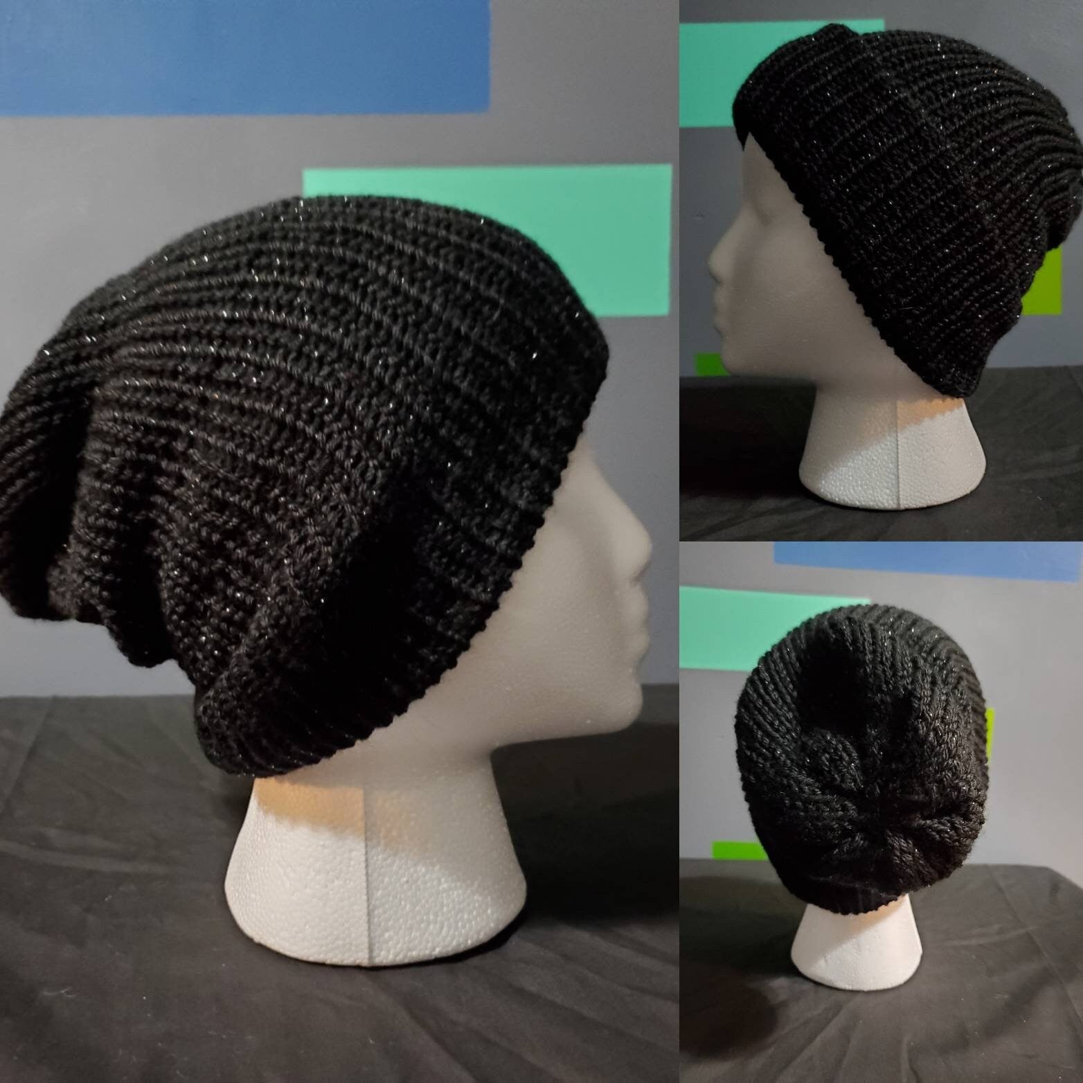 Black Sparkle - Slouchy Double Wall Beanie - Adult / Teen Knitted Hat