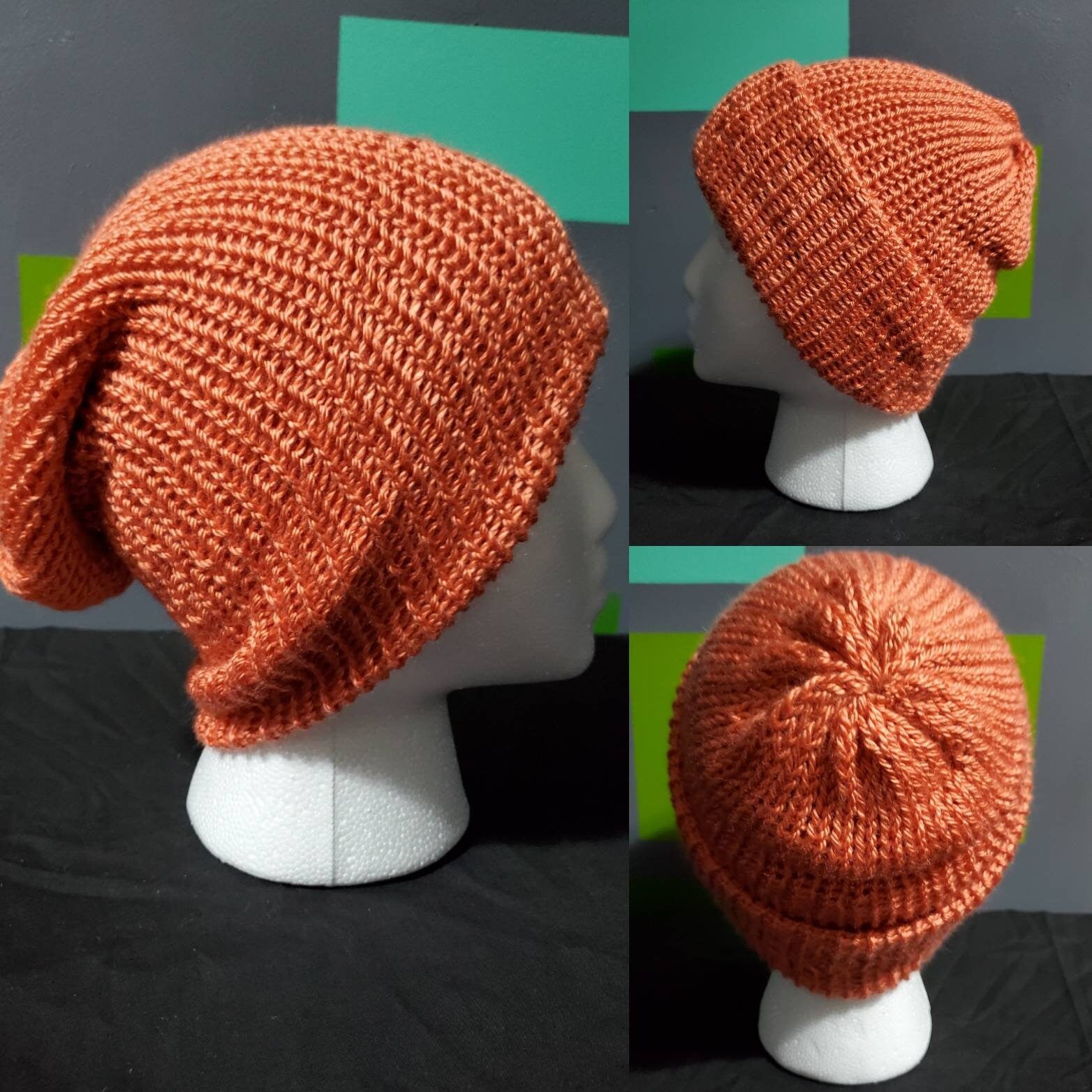 Cadmium Orange - Slouchy Double Wall Beanie - Adult / Teen Knitted Hat