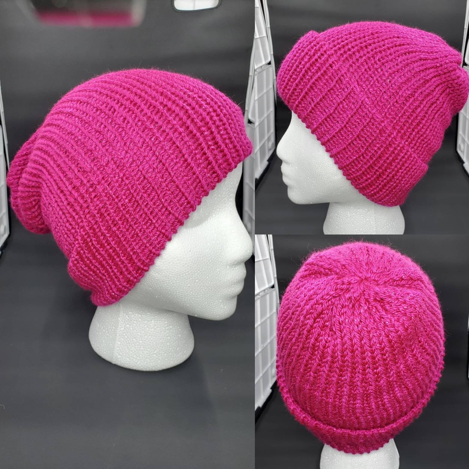 Fuchsia Sparkle - Slouchy Double Wall Beanie - Adult / Teen Knitted Hat