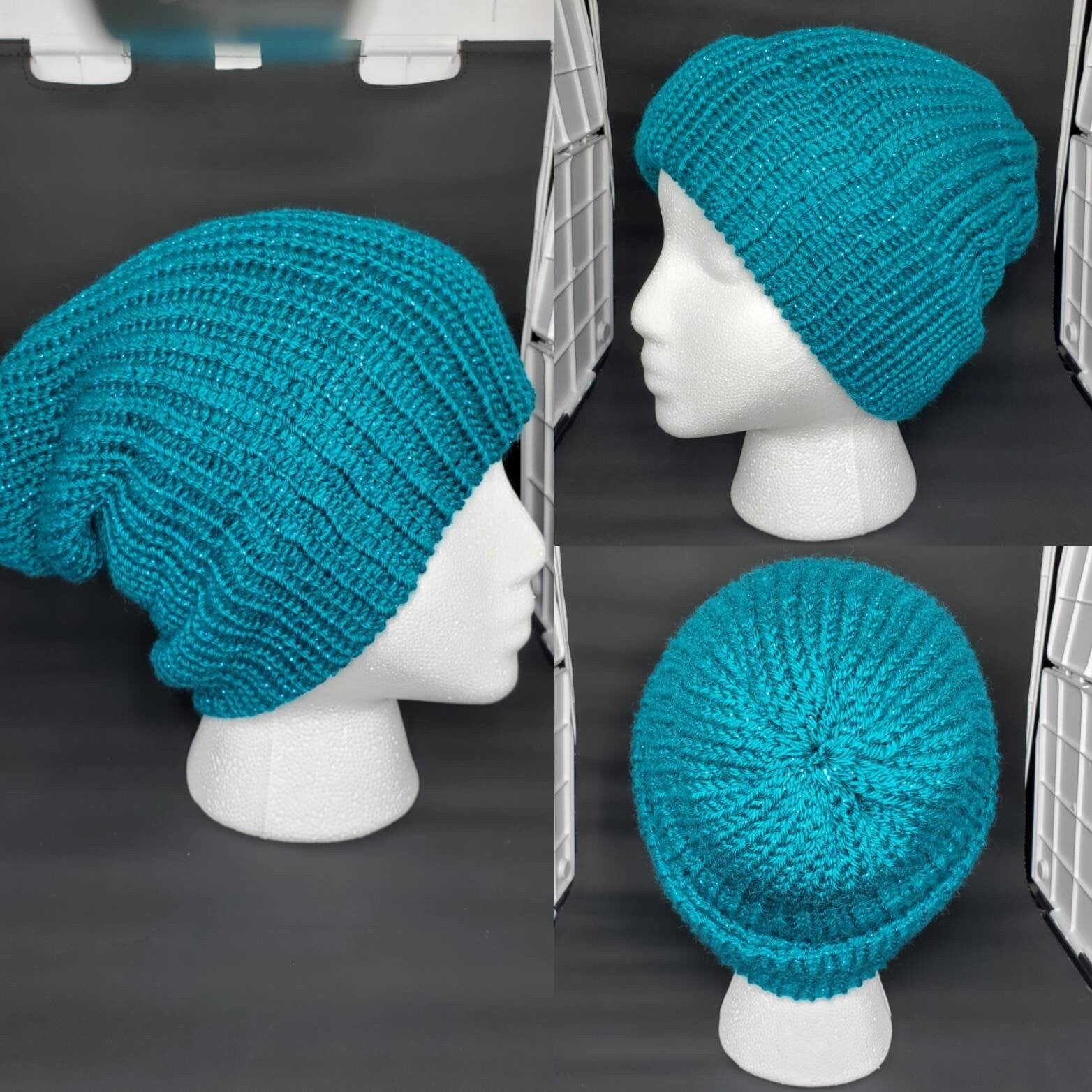 Teal Sparkle - Slouchy Double Wall Beanie - Adult / Teen Knitted Hat