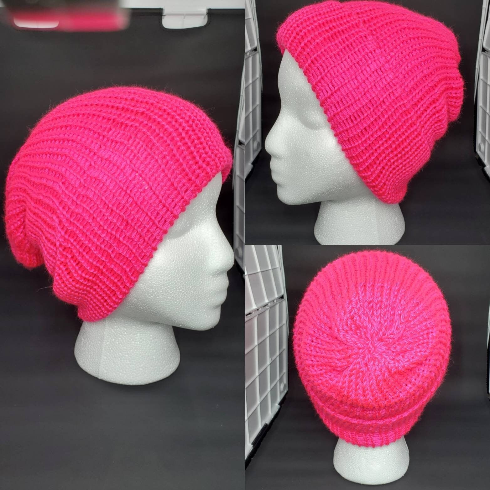 Neon Pink - Slouchy Double Wall Beanie - Adult / Teen Knitted Hat