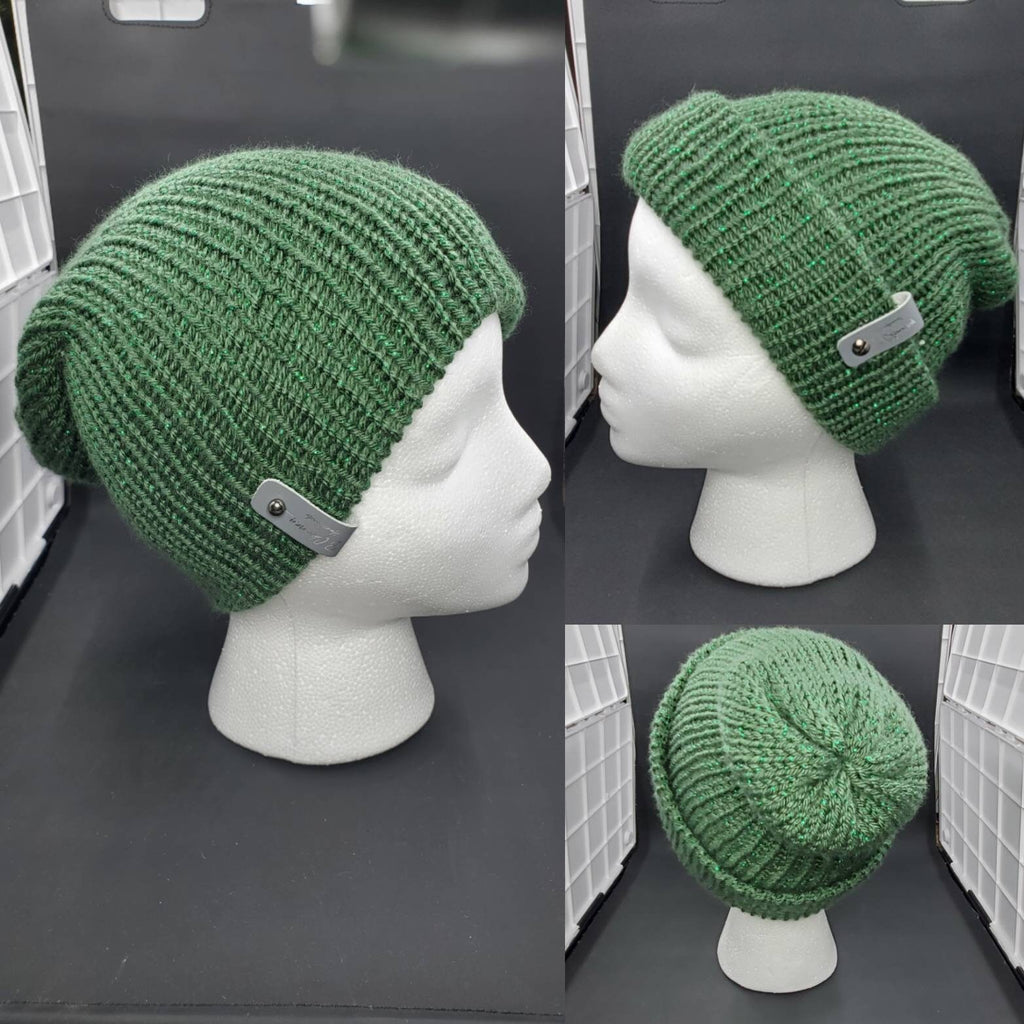 Dark Sage Sparkle - Slouchy Double Wall Beanie - Adult / Teen Knitted Hat