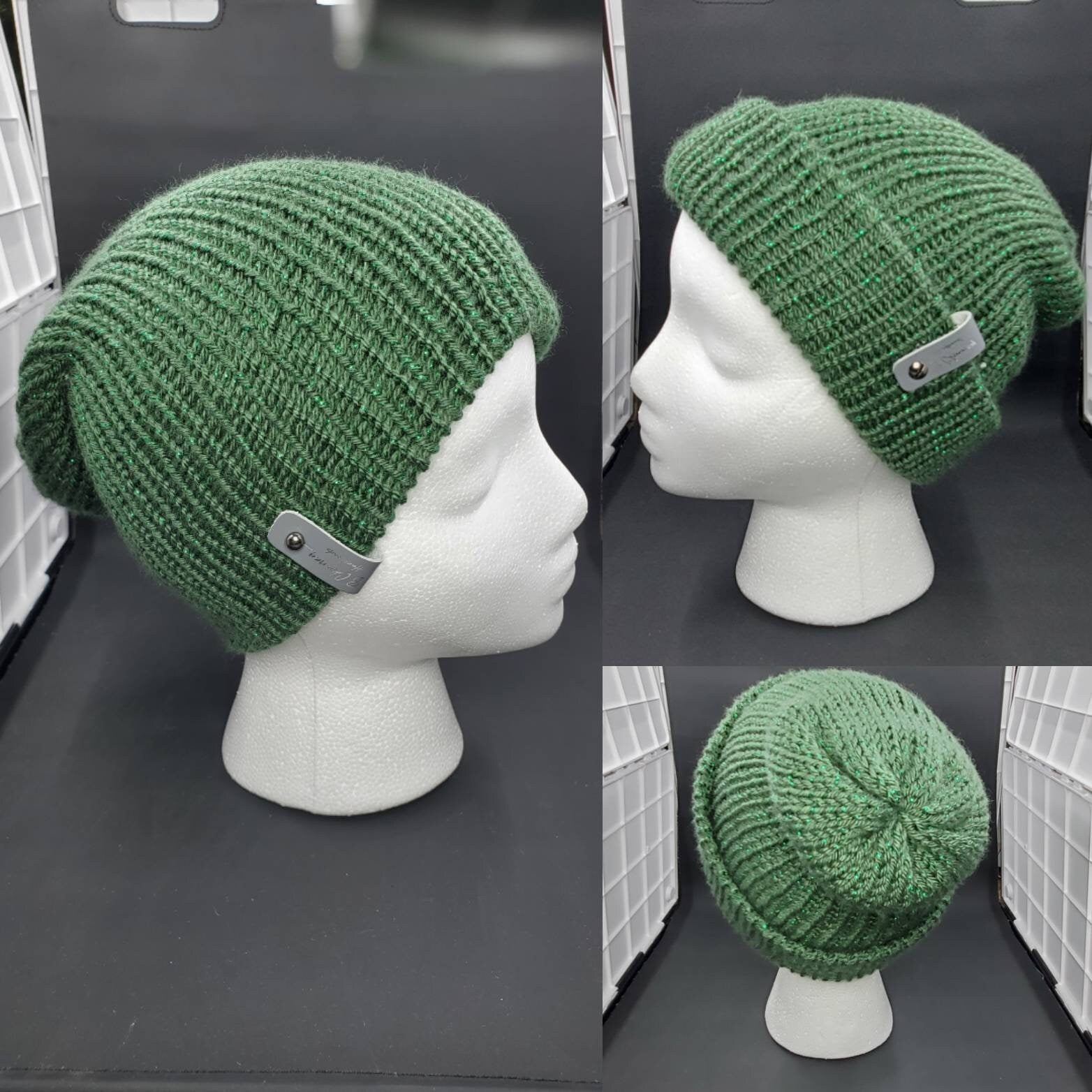 Dark Sage Sparkle - Slouchy Double Wall Beanie - Adult / Teen Knitted Hat