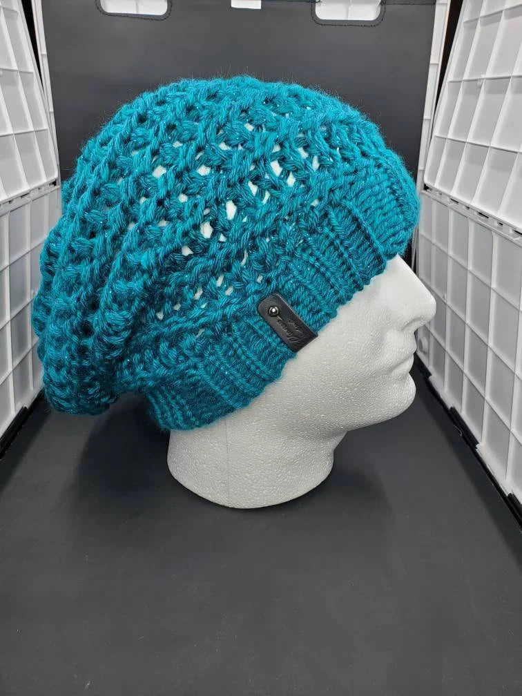 Pagoda & Teal Sparkle - Spiral Slouchy - Adult / Teen Knitted Hat